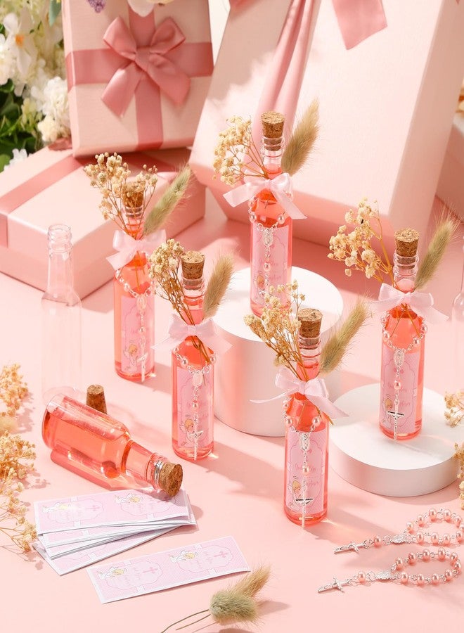 Highergo 50 Set Catholic Holy Water Bottles Cross Rosary Set Baptism Party Favors 50ml Christian Clear Plastic Holy Water Containers Cork Stopper for Church First Communion Wedding Table Newborn(Pink) - Image 3